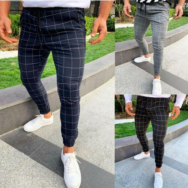 men's pants slim fit tartan plaid stretch trousers lattice pencil skinny, Black