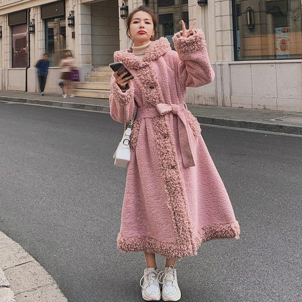 women's wool & blends winter long coat female pink sheep curls stitching korean loose hooded windproof chic simple casual ladies cloak, Black
women's wool & blends winter long coat female pink sheep curls stitching korean loose hooded windproof chic simple casual ladies cloak, Black