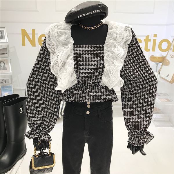 female temperature spring retro design seam lace square collar chess shirt 57er, White
female temperature spring retro design seam lace square collar chess shirt 57er, White