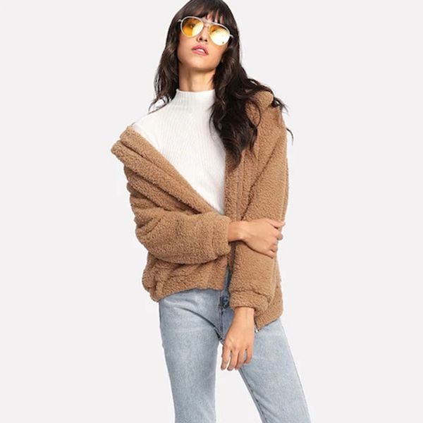autumn winter faux fur coat women 2020 casual plus size zipper teddy coat female warm turn-down collar fur jackets thick outwear jve6, Black