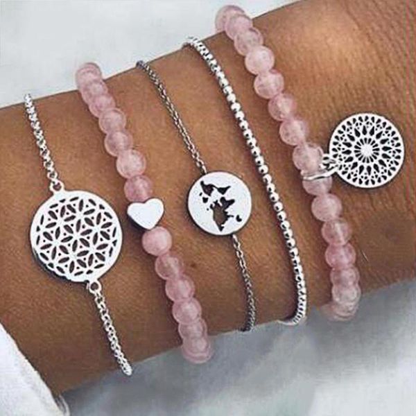 link, chain 5 pcs/set women fashion retro peach heart map pink round beads hollow geometric silver bracelet set exquisite jewelry, Black
link, chain 5 pcs/set women fashion retro peach heart map pink round beads hollow geometric silver bracelet set exquisite jewelry, Black