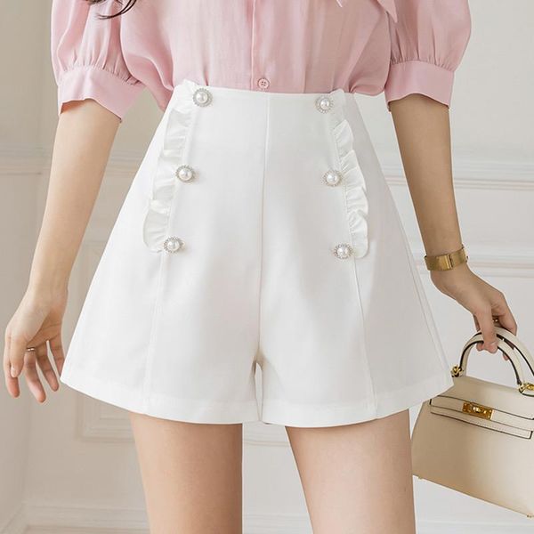 women's shorts korean elegant wood ear buttons high waist straight women fashion office lady casual suit for 2021, White;black
women's shorts korean elegant wood ear buttons high waist straight women fashion office lady casual suit for 2021, White;black