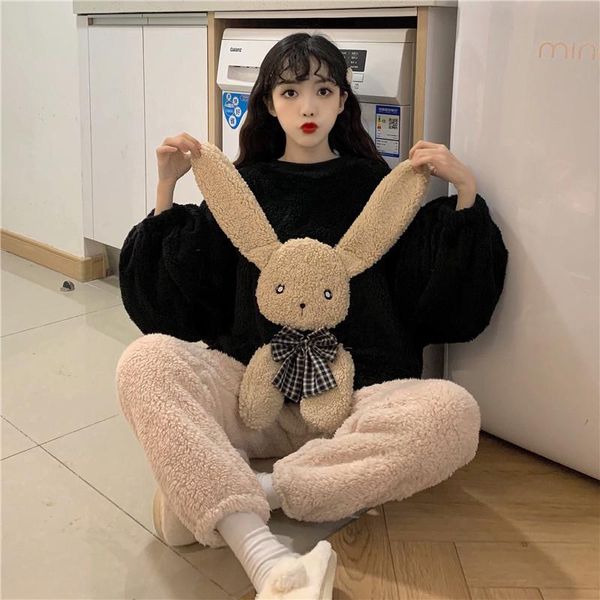 women's two piece pants kawaii women 2 set girl winter thick sweet cute cartoon coral fleece pullover plush trousers suit home service, White
women's two piece pants kawaii women 2 set girl winter thick sweet cute cartoon coral fleece pullover plush trousers suit home service, White