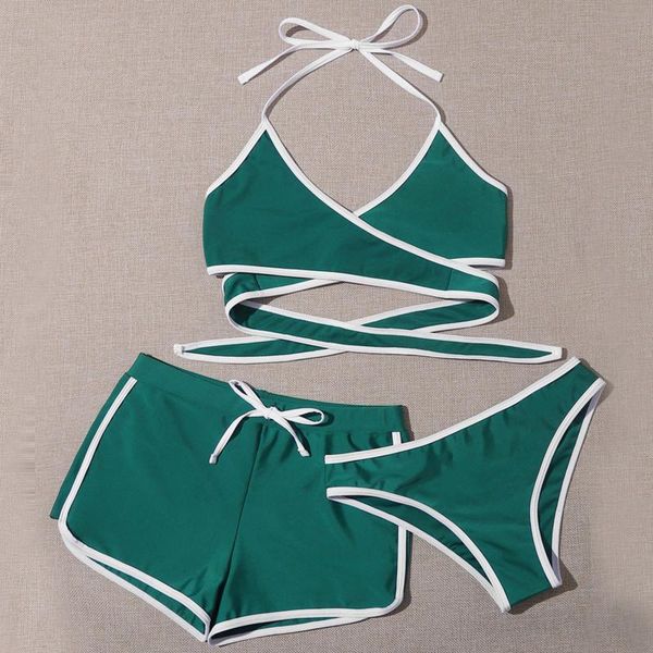 women's swimwear 3 pieces bikini set string lace up halter thong shorts swimsuit high cut swimming suit bathing 2021, White;black
women's swimwear 3 pieces bikini set string lace up halter thong shorts swimsuit high cut swimming suit bathing 2021, White;black