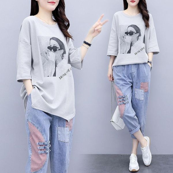 women's tracksuits 2021 summer womens set korean print t-thirt and hole jeans two piece sets plus size loose casual denim pants female, Gray
women's tracksuits 2021 summer womens set korean print t-thirt and hole jeans two piece sets plus size loose casual denim pants female, Gray