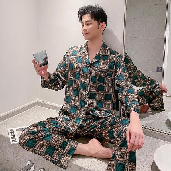 men's sleepwear fashion pajamas silk square printing home clothes men nightwear, Black;brown
men's sleepwear fashion pajamas silk square printing home clothes men nightwear, Black;brown