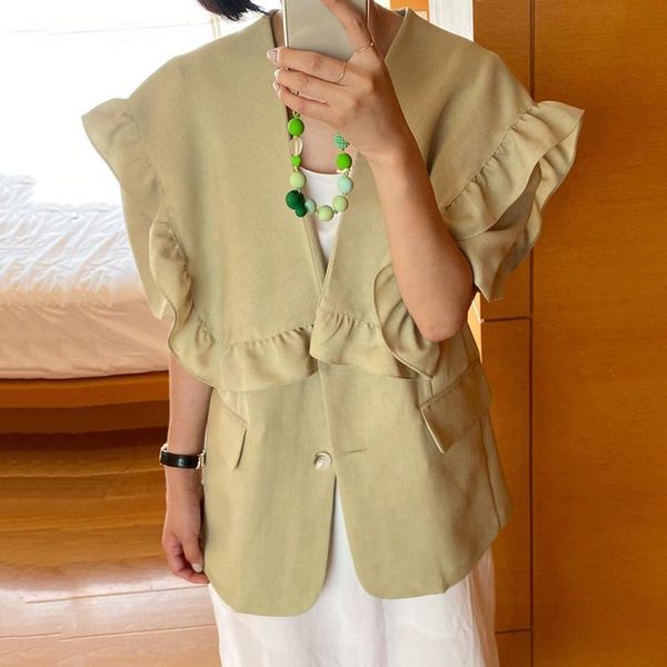 women's suits & blazers korean chic summer french retro ruffle stitching loose casual one-button cardigan suit short jacket women, White;black
women's suits & blazers korean chic summer french retro ruffle stitching loose casual one-button cardigan suit short jacket women, White;black