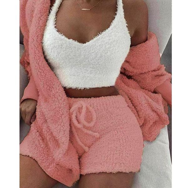 women's two piece pants fluffy hooded long sleeves coat open front teddy shorts vest set for women winter swd889, White
women's two piece pants fluffy hooded long sleeves coat open front teddy shorts vest set for women winter swd889, White
