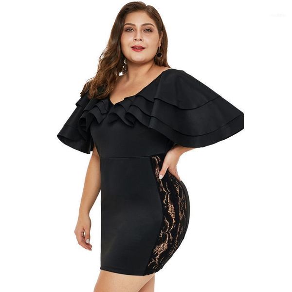 europe and america formal dress crew neck pleated flounced short sleeve high-waisted lace joint hollow out plus-sized 22051, White;black
europe and america formal dress crew neck pleated flounced short sleeve high-waisted lace joint hollow out plus-sized 22051, White;black