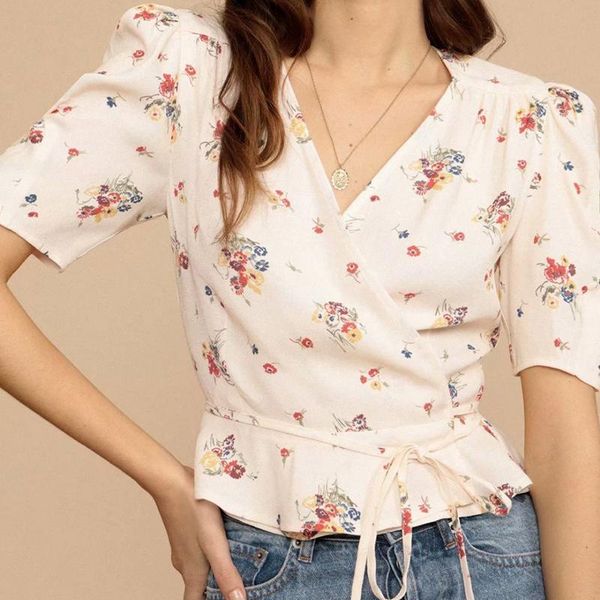 women's blouses & shirts women floarl print blouse vintage cross v-neck bandage puff sleeve cropped beach holiday elegant freach style, White
women's blouses & shirts women floarl print blouse vintage cross v-neck bandage puff sleeve cropped beach holiday elegant freach style, White