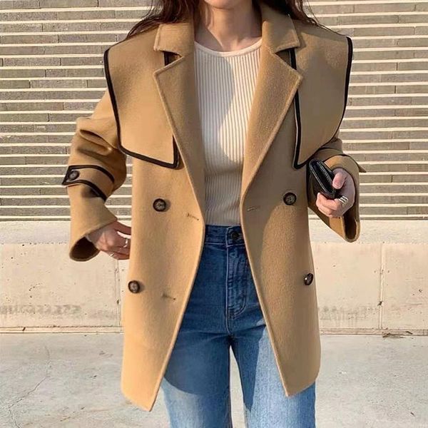 women's wool & blends korean overcoat women coat chic fall french lapel design contrast bonded stitched double breasted loose, Black
women's wool & blends korean overcoat women coat chic fall french lapel design contrast bonded stitched double breasted loose, Black