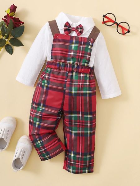 baby bow neck shirt & tartan overall she, White
baby bow neck shirt & tartan overall she, White