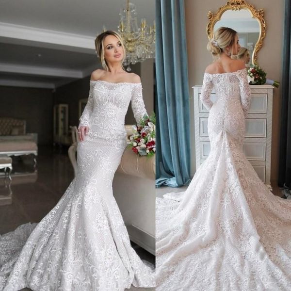 vintage lace mermaid wedding dresses with long sleeves elegant off the shoulder sweep train custom made wedding gown vestido de novia, White
vintage lace mermaid wedding dresses with long sleeves elegant off the shoulder sweep train custom made wedding gown vestido de novia, White