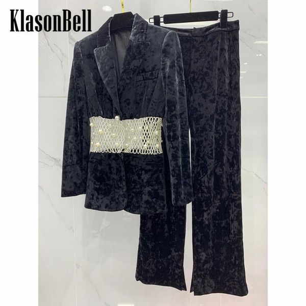 women's two piece pants 8.20 klasonbell heavy industry pearl hollow out patchwork velvet blazer with wide leg set women, White
women's two piece pants 8.20 klasonbell heavy industry pearl hollow out patchwork velvet blazer with wide leg set women, White