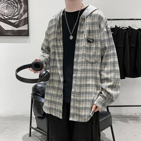 men's casual shirts korean chic hooded flannel plaid men 2021 spring autumn hip hop male loose streetwear retro, White;black
men's casual shirts korean chic hooded flannel plaid men 2021 spring autumn hip hop male loose streetwear retro, White;black
