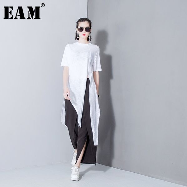 

[eam] women white solid color asymmetrical vent long t-shirt new round neck short sleeve fashion tide spring summer 2021 t298 210309