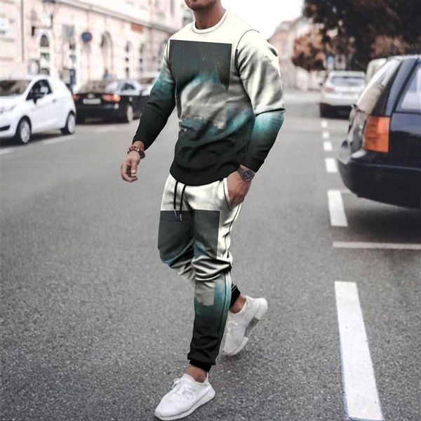 men's tracksuits 2021 autumn fashion casual round neck long-sleeved t-shirt trousers loose suit 3d printing two-piece, Gray 
men's tracksuits 2021 autumn fashion casual round neck long-sleeved t-shirt trousers loose suit 3d printing two-piece, Gray