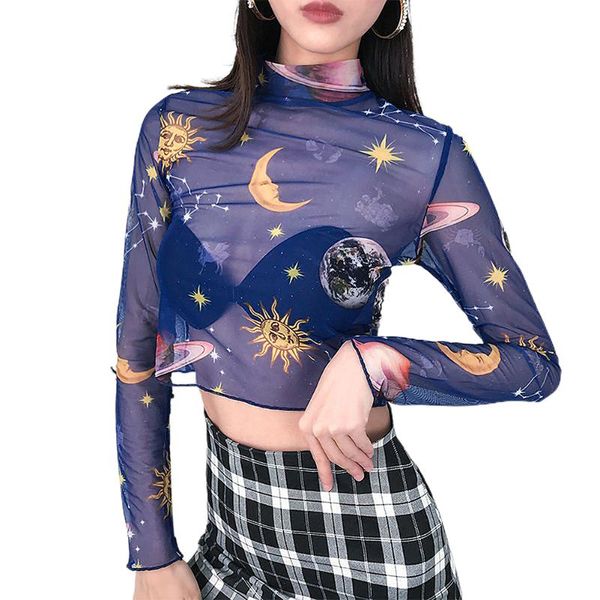 women's t-shirt turtleneck long sleeve sesy perspective t-shirts jumper women mesh vest moon star printed slim party club fashion, White
women's t-shirt turtleneck long sleeve sesy perspective t-shirts jumper women mesh vest moon star printed slim party club fashion, White