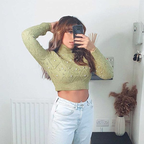 women knit sweater with faux pearls high-neck long sleeves casual fashion elegant chic cropped woman sweaters 210709, White;black
women knit sweater with faux pearls high-neck long sleeves casual fashion elegant chic cropped woman sweaters 210709, White;black