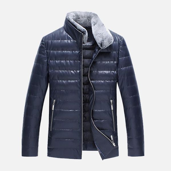 men's fur & faux natural collar men sheep leather jacket warm down and feather fillings, Black
men's fur & faux natural collar men sheep leather jacket warm down and feather fillings, Black