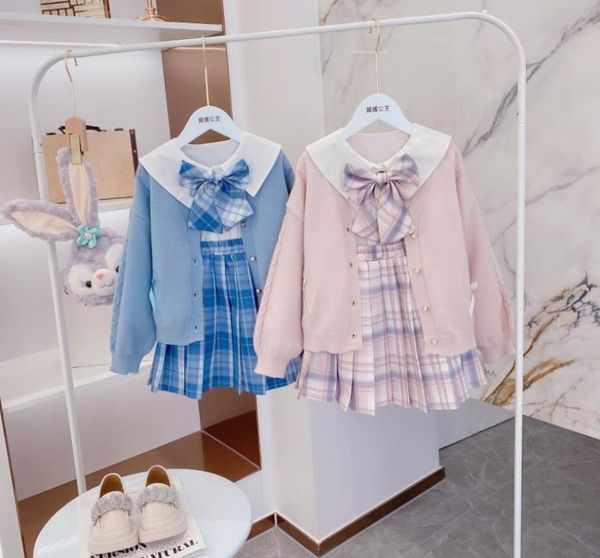 girl's dresses pink dress + shirt sweater cardigan 3 pcs set kids blue, Red;yellow