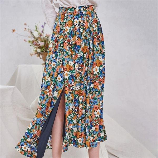 new women flower pleated skirt cotton colorful floral print buttons elegant split long skirts 210310, Black
new women flower pleated skirt cotton colorful floral print buttons elegant split long skirts 210310, Black
