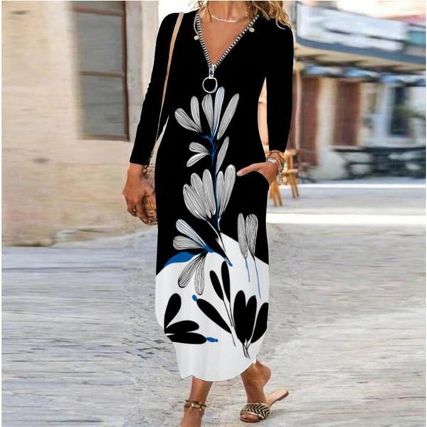 casual dresses women autumn dress long sleeve floral print zipper v-neck boho slim pocket robe femme 2021, Black;gray