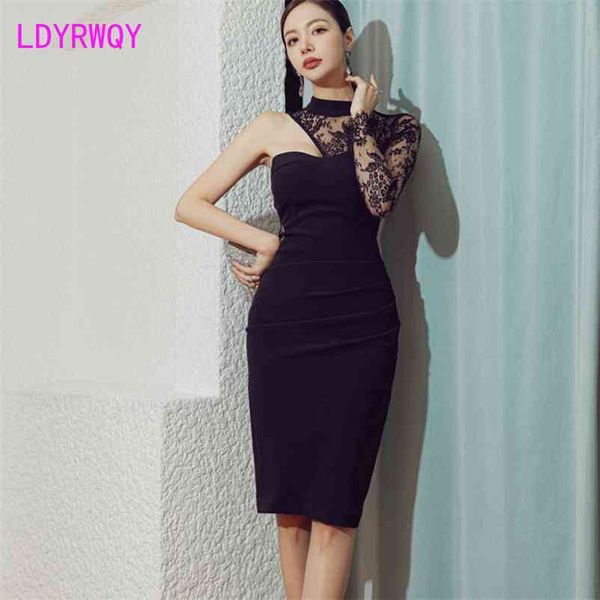 women's spring temperament single shoulder lace splicing nightclub hip dress 210603, Black;gray
women's spring temperament single shoulder lace splicing nightclub hip dress 210603, Black;gray