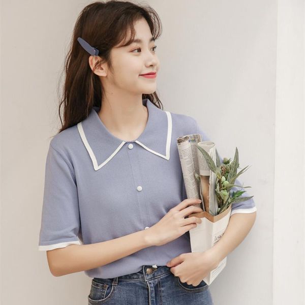 2021 new japan style cute single-breasted turn-down collar short sleeve t-shirts women summer small fresh slim knitted tee shirt, White
2021 new japan style cute single-breasted turn-down collar short sleeve t-shirts women summer small fresh slim knitted tee shirt, White