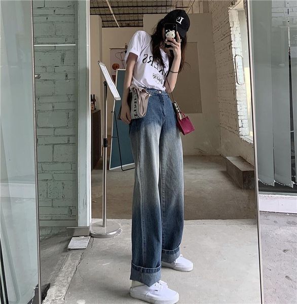 women's jeans design sense gradient pants summer high waist straight loose wide leg minority dad, Blue
women's jeans design sense gradient pants summer high waist straight loose wide leg minority dad, Blue