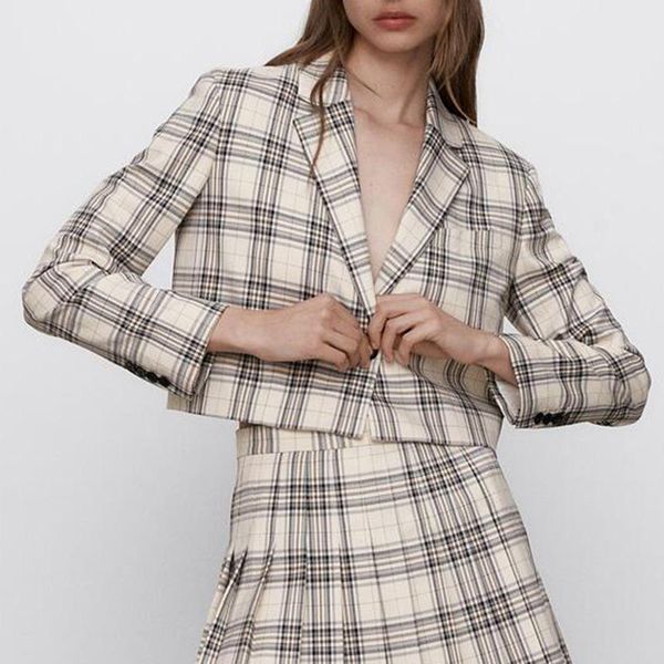 women's suits & blazers fashion notched single button women elegant short plaid printed jackets preppy style long sleeve ladies, White;black
women's suits & blazers fashion notched single button women elegant short plaid printed jackets preppy style long sleeve ladies, White;black