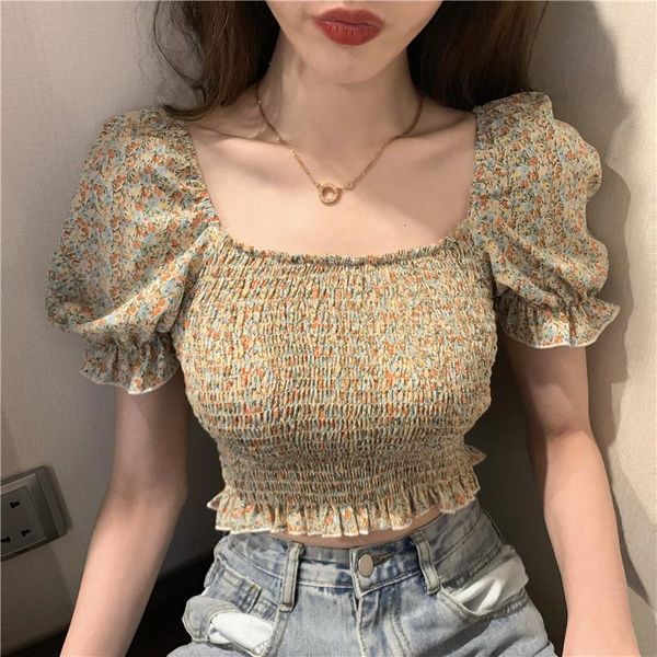 stretchy shirt summer sweet ruffles square collar cropped blouses women short puff sleeve print chiffon crop for girls, White 
stretchy shirt summer sweet ruffles square collar cropped blouses women short puff sleeve print chiffon crop for girls, White