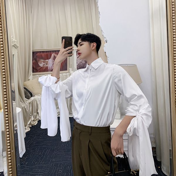2021 new men streetwear fashion slim fit long bow ribbon sleeve male women punk gothic party shirt c179, White
2021 new men streetwear fashion slim fit long bow ribbon sleeve male women punk gothic party shirt c179, White