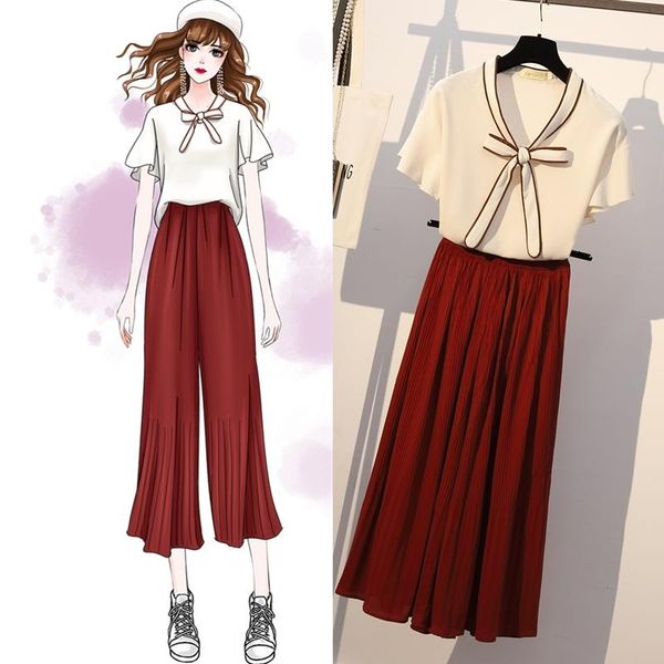 big yards summer wear women's clothing korean fashion chiffon blouse wide-legged trousers two pcs casual suits bow xl-5xl, Gray
big yards summer wear women's clothing korean fashion chiffon blouse wide-legged trousers two pcs casual suits bow xl-5xl, Gray