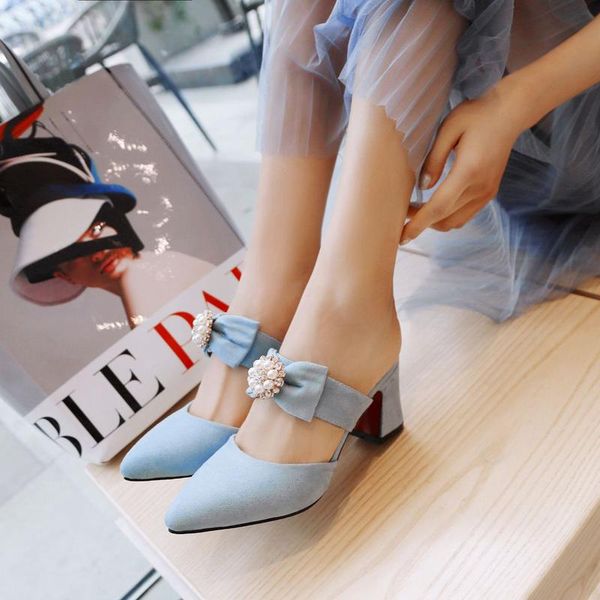 women's pearl bowknot slippers suede pointed toe sandals shoes woman heels slippers women, Black