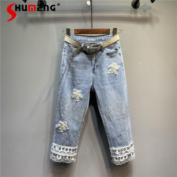 women's jeans 2021 summer female european lace stitching rhinestone cropped sweet western style high waist straight denim pants, Blue
women's jeans 2021 summer female european lace stitching rhinestone cropped sweet western style high waist straight denim pants, Blue