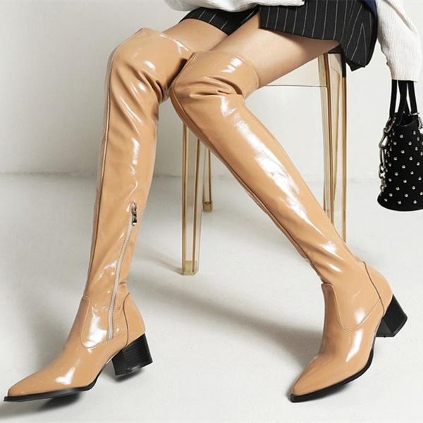 boots pointy toe med chunky heel long lady's patent leather winter thigh high side zip women shoes, Black
boots pointy toe med chunky heel long lady's patent leather winter thigh high side zip women shoes, Black