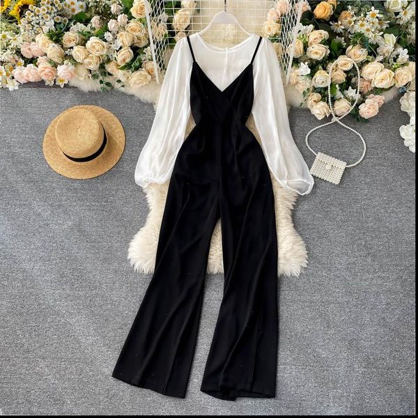 2021 women autumn solid o neck long puff sleeve backless adjustable strawide leg long jumpsuits two pieces set, Black;white
2021 women autumn solid o neck long puff sleeve backless adjustable strawide leg long jumpsuits two pieces set, Black;white