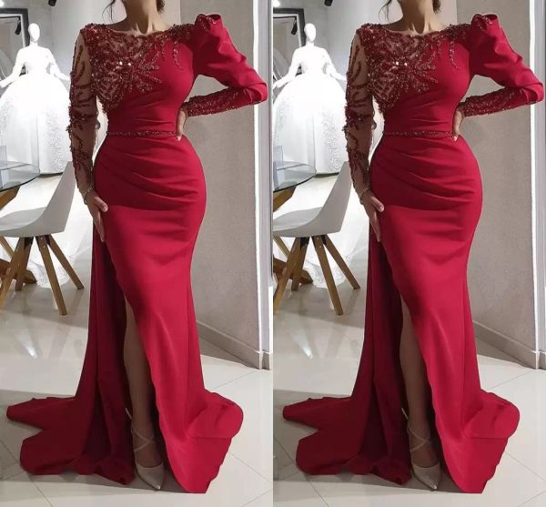 red evening dresses with long sleeves 2022 scoop neck luxury beaded high split custom made plus size prom party gown vestidos ruched crystal, Black;red
red evening dresses with long sleeves 2022 scoop neck luxury beaded high split custom made plus size prom party gown vestidos ruched crystal, Black;red
