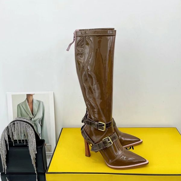 brown stretchy neoprene stiletto heels tall boots patent leather back zip buckle shoes pointed toes knee-high boot luxury designers, Black
brown stretchy neoprene stiletto heels tall boots patent leather back zip buckle shoes pointed toes knee-high boot luxury designers, Black