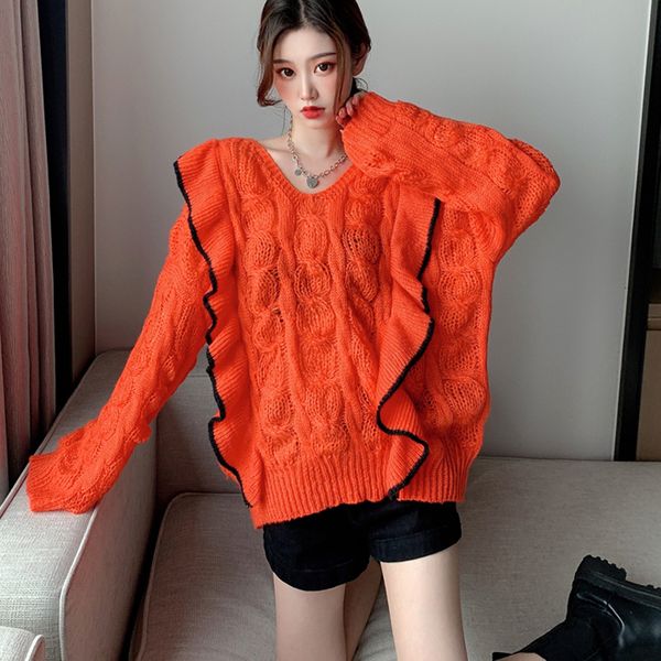 2021 autumn new style loose ruffled pullover knit long-sleeved v-neck sweater for outer wear aie2, White;black
2021 autumn new style loose ruffled pullover knit long-sleeved v-neck sweater for outer wear aie2, White;black