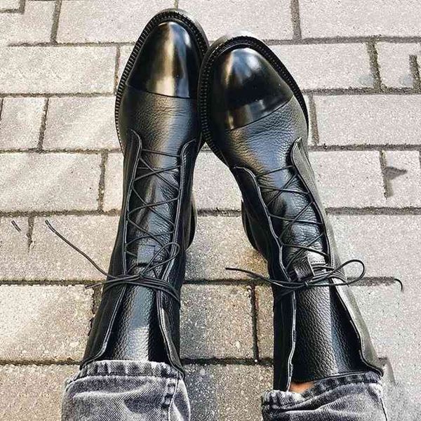 leather boots patent women british style flat black pointed toe handsome motorcycle women's