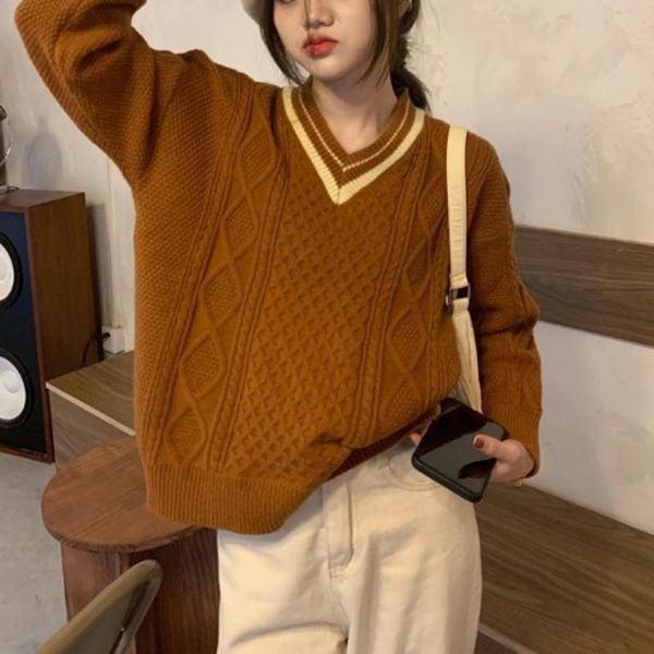 women's sweaters contrast v-neck loose pullover sweater autumn winter lazy wind twist long sleeve, White;black
women's sweaters contrast v-neck loose pullover sweater autumn winter lazy wind twist long sleeve, White;black