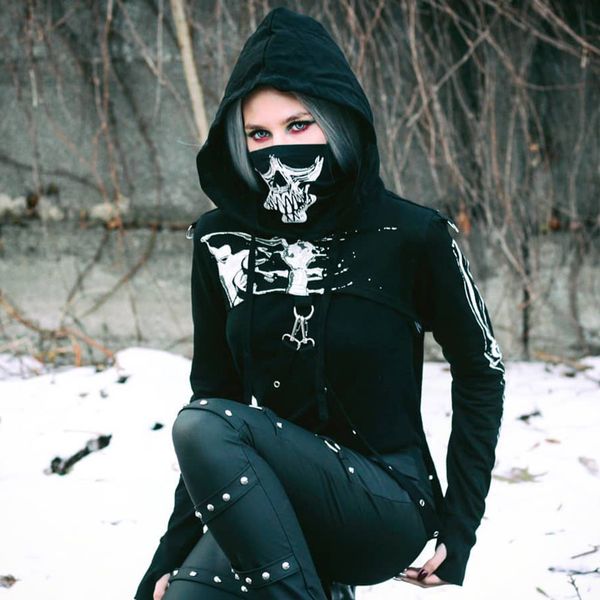 women hoodie gothic punk hoolow out strapped skeleton print mask fashion streetwear female black hooded cropped top, White
women hoodie gothic punk hoolow out strapped skeleton print mask fashion streetwear female black hooded cropped top, White