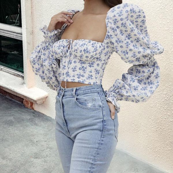 women's polos 2021 wear in europe and america small fresh blue floral square neck long sleeve open navel short top, White
women's polos 2021 wear in europe and america small fresh blue floral square neck long sleeve open navel short top, White