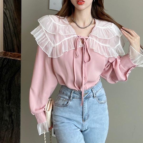 women's blouses & shirts 2021 early autumn clothing korean style ruffle doll collar long sleeve all-match solid color women, White
women's blouses & shirts 2021 early autumn clothing korean style ruffle doll collar long sleeve all-match solid color women, White