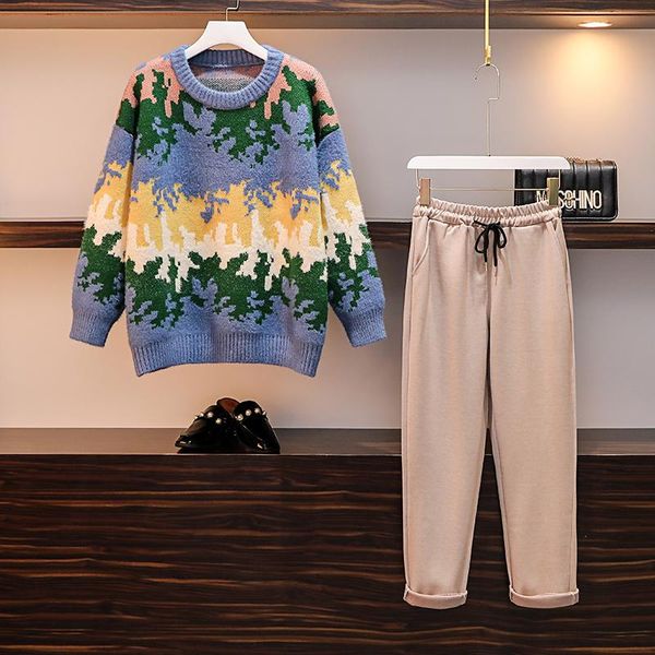 women's tracksuits jsxdhk women casual fall winter 2 pant set printing thick knitted oversize sweater + plus size woolen trousers suit, Gray 
women's tracksuits jsxdhk women casual fall winter 2 pant set printing thick knitted oversize sweater + plus size woolen trousers suit, Gray