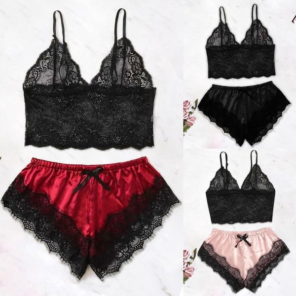 women satin lace v-neck camisole bowknot shorts pajamas set loose casual sleepwear lingerie pijamas verano mujer, Black;red
women satin lace v-neck camisole bowknot shorts pajamas set loose casual sleepwear lingerie pijamas verano mujer, Black;red