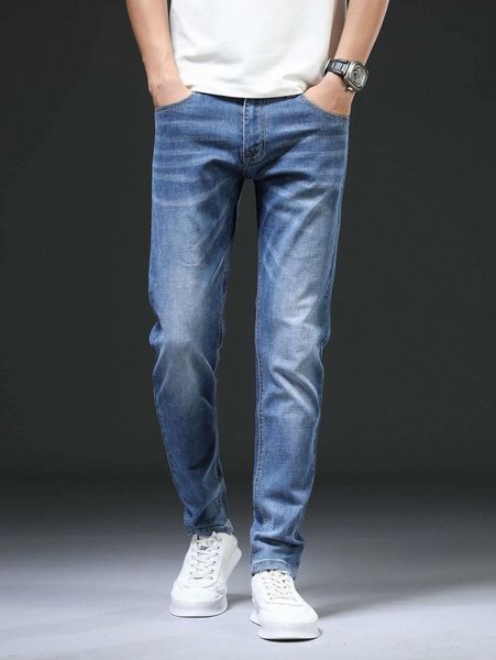 men slant pocket straight leg jeans w5o4#, Blue