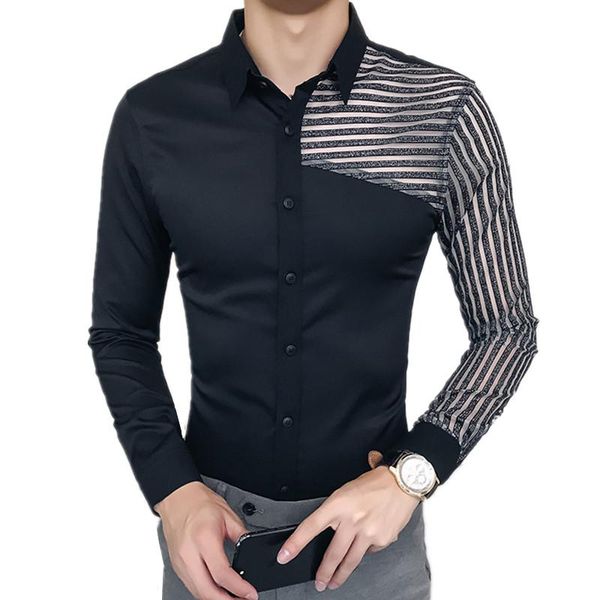 men's casual shirts 2021 shirt men fashion spring slim fit male social personality striped lace long sleeve dress blouses, White;black
men's casual shirts 2021 shirt men fashion spring slim fit male social personality striped lace long sleeve dress blouses, White;black